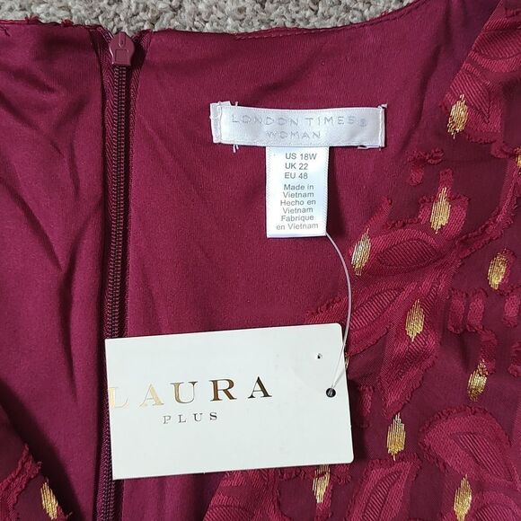 New With Tags London Times Size 18 V-neck Gold Foil Motif Fit & Flare Dress - Picture 15 of 17